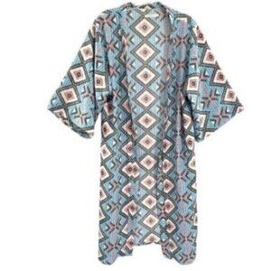 Anthropologie Do Everything In Love Aztec Print Teal Long Kimono Coverup
